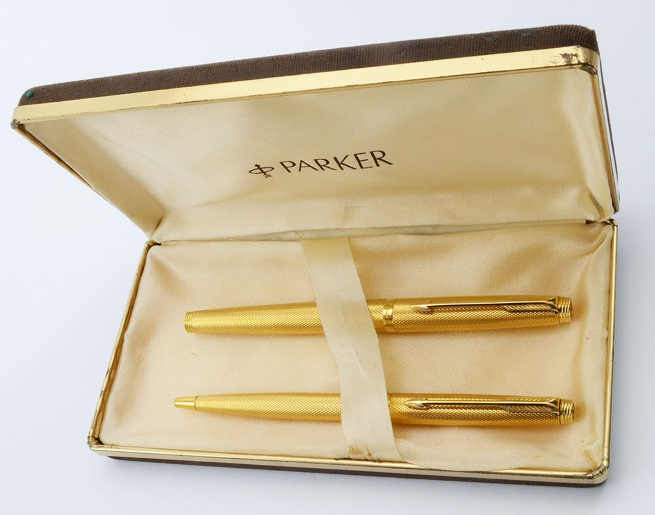 Parker 75 Fountain Pen Set - Grain d'Orge (Barleycorn), Gold Plated, 14k Fine (Excellent + in Box, Work Well)