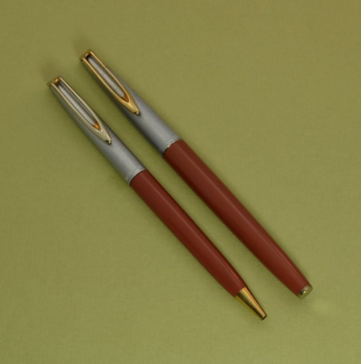 Waterman CF Fountain Pen Set - 1950s, Brown w Steel Caps, 14k Medium Nib (Superior, Works Well)