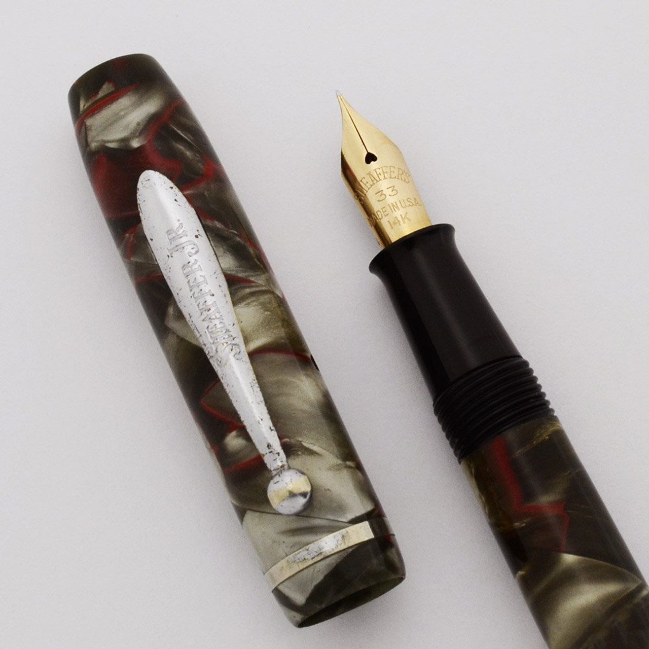 Sheaffer Junior Fountain Pen - Red Veined Grey Pearl, Flat Ends, Extra Fine #33 Nib (Very Nice, Restored)