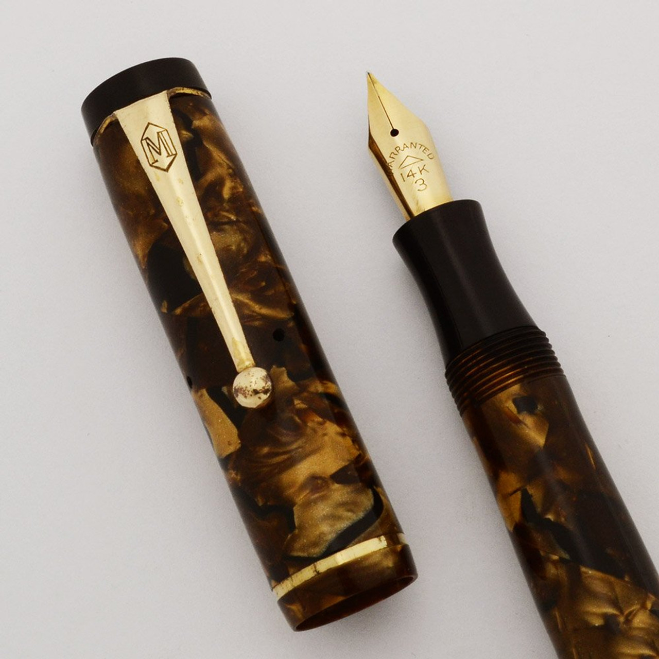 Mentmore Autoflow Fountain Pen (1940s) - Marbled Golden Brown, 14k Flexible Nib (Excellent, Restored)