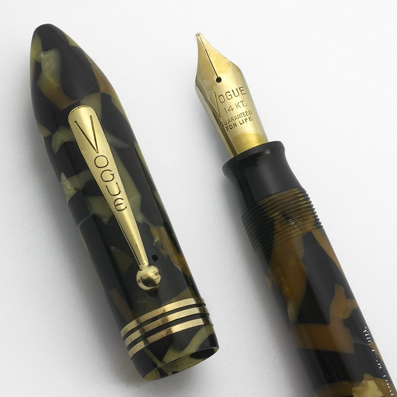 Vogue (Walgreen) Oversize Fountain Pen - Black and Pearl, Medium Semi-Flex 14k Nib (Excellent, Restored)