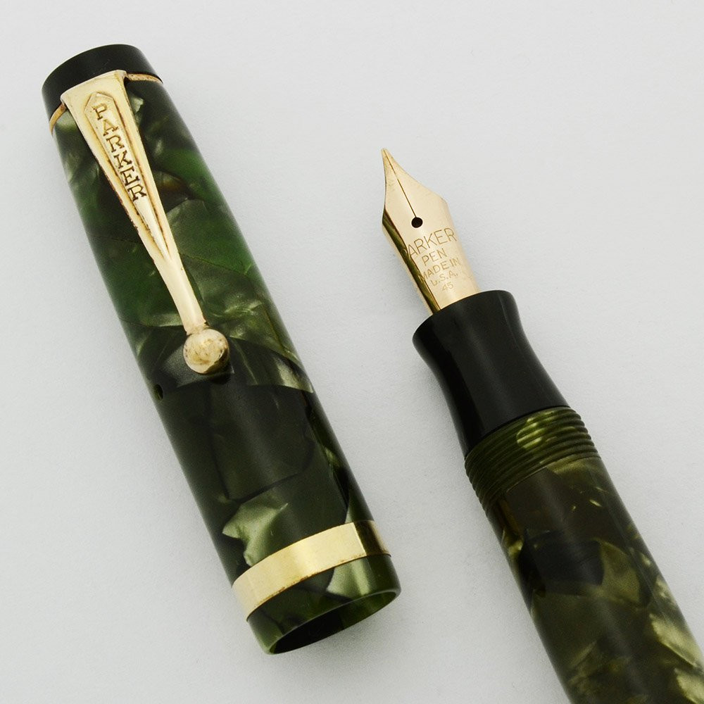 Parker Challenger Fountain Pen (1935) - Green Marble, Medium Nib (Excellent +, Restored)