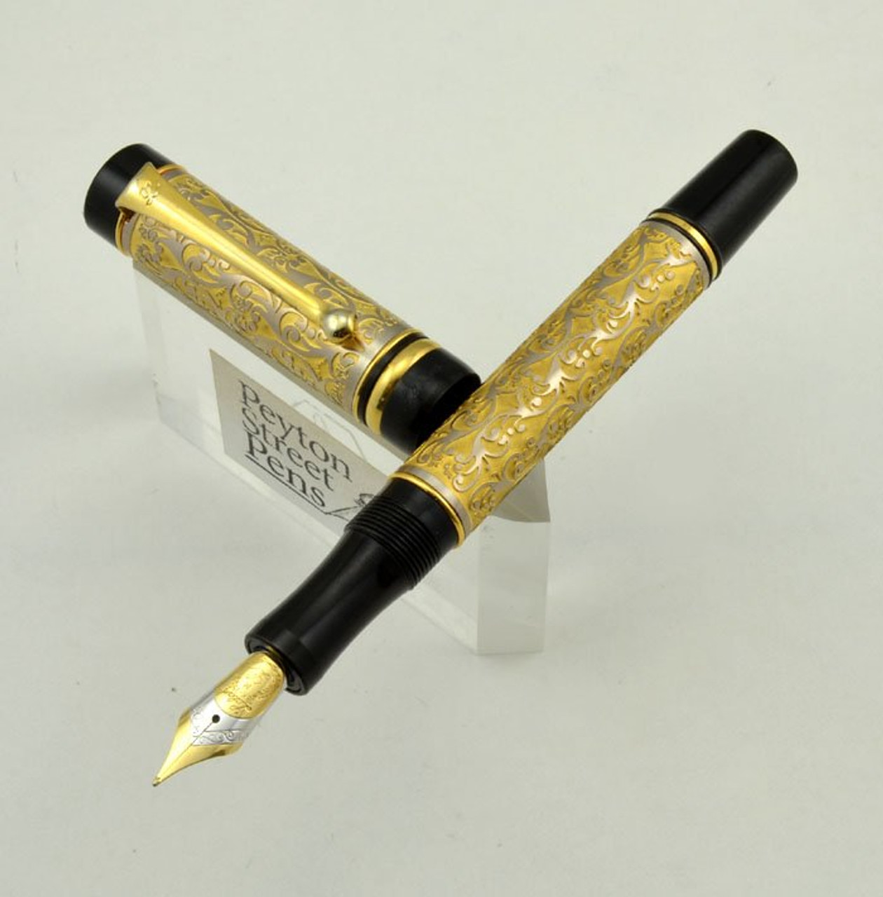 Laban Flat Top Fountain Pen Gold Filigree Ornate Design, 18k Medium