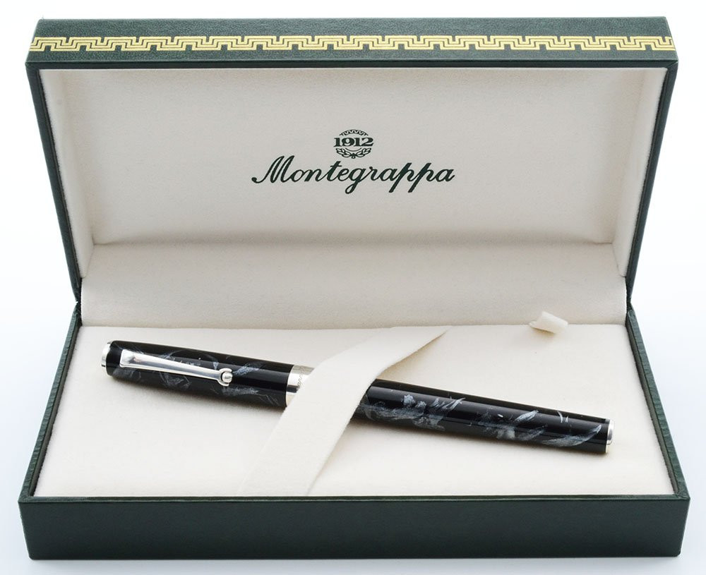 Montegrappa 300 Series Fountain Pen - Black, Sterling Silver Trim, 18k Broad Nib (Superior in Box, Works Well)
