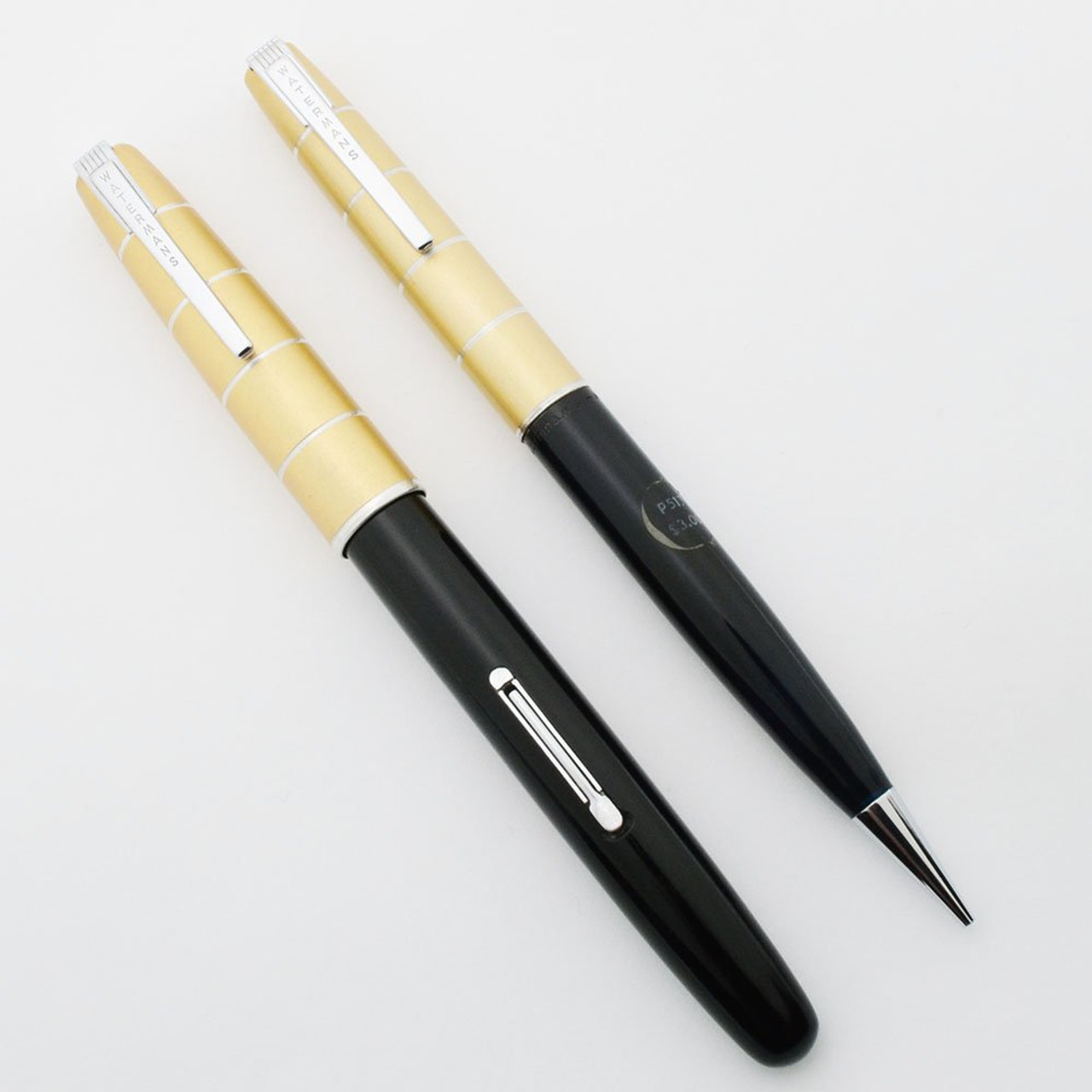 Waterman Crusader Fountain Pen Set - Black, Gold Cap, Fine "Rigid" 14k Open Nib (Superior, Restored)