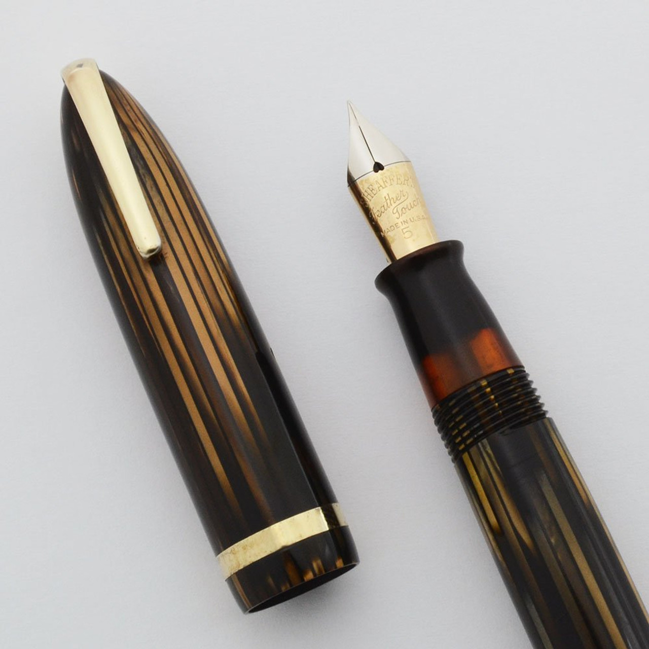 Sheaffer Balance 500 "Admiral" - Brown Striated, Military Clip, Lever, Extra Fine Feather Touch Nib (Excellent, Restored)