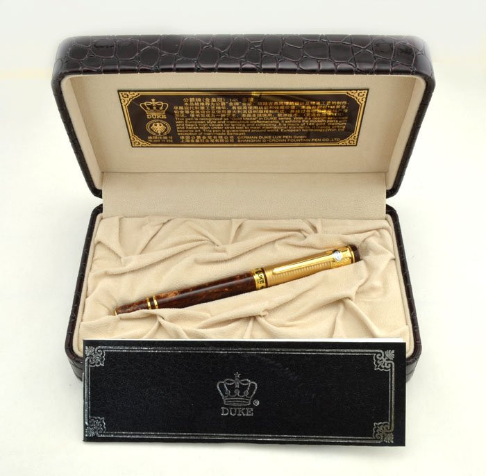 Duke Gold Medal Fountain Pen - Matte Gold Cap, Brown Italian Resin
