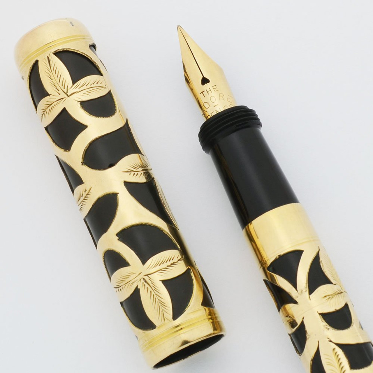 Moore Non-Leakable Safety Fountain Pen - Gold Filled Filigree, Flexible Fine 14k Nib (Excellent +, Restored)