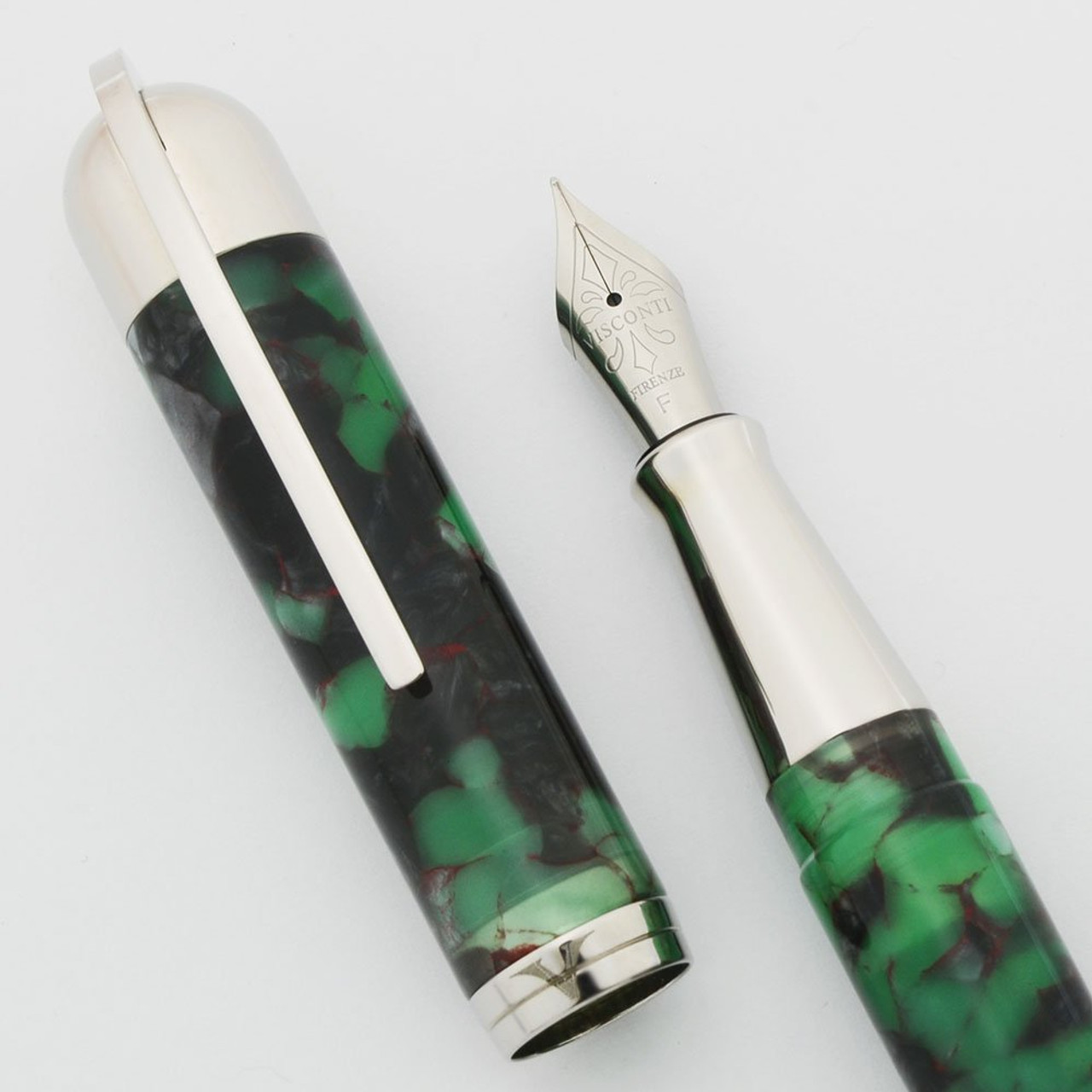 Visconti Pericle Fountain Pen (2001) - Second Version, Green & Red Cracked  Ice w CP Trim, Fine Steel Nib (Near Mint, Works Well)