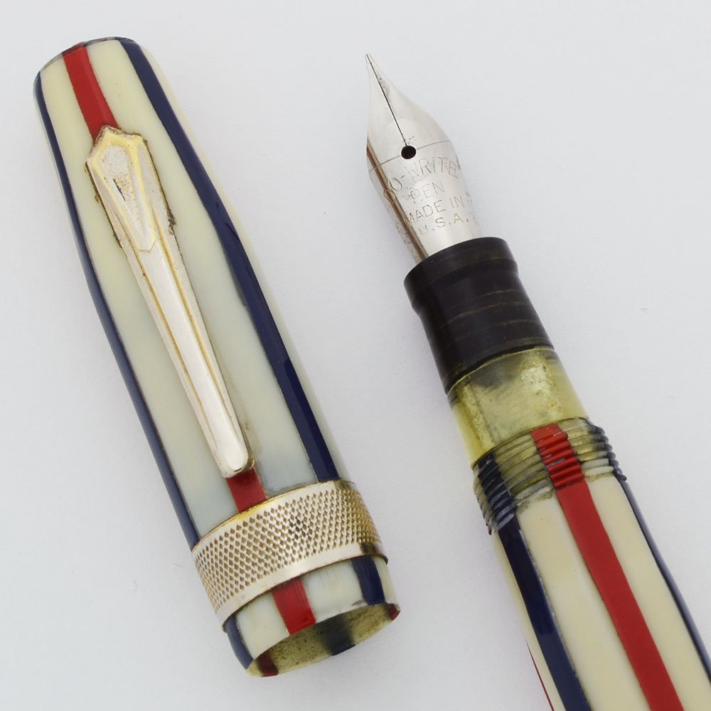 Do-Write Fountain Pen - White w Red & Blue Stripes, Lever Filler, Steel Fine Nib (Excellent, Restored)