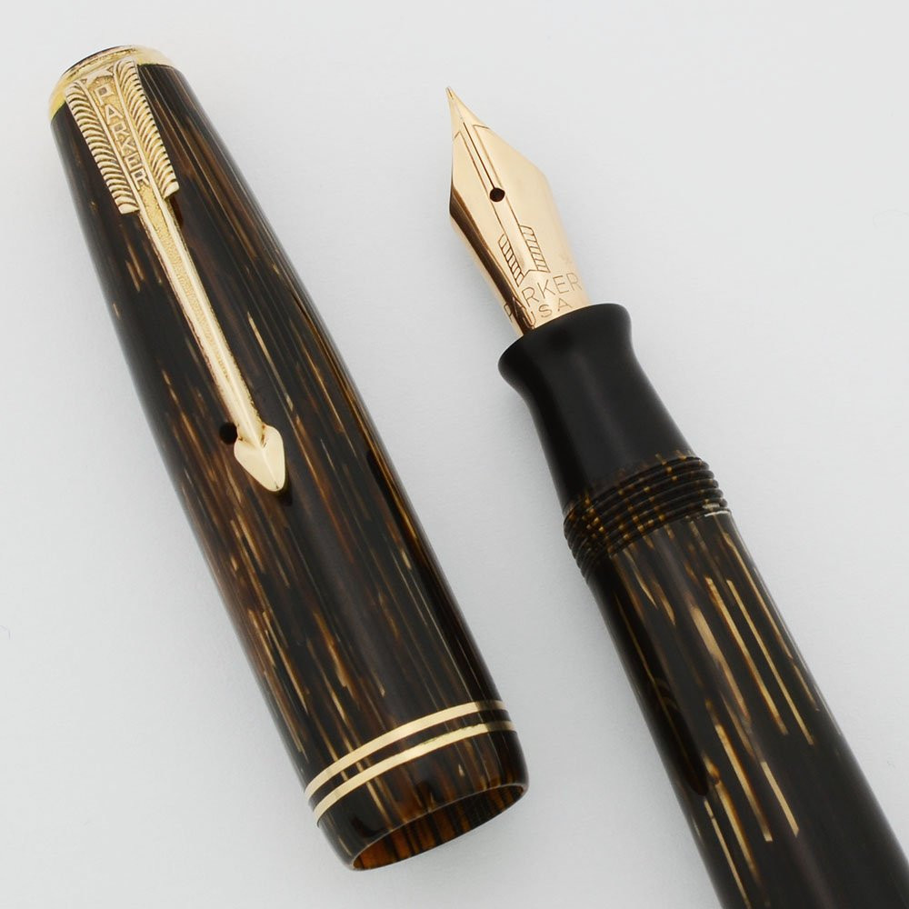Parker Vacumatic Junior Fountain Pen (1939) - Brown Shadow Wave, Star Clip, Fine (Excellent, Restored)