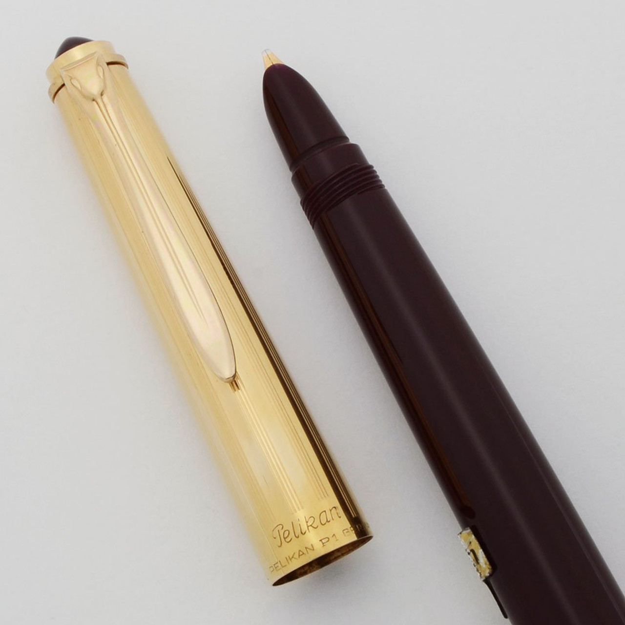 Pelikan P1 Fountain Pen (1958-63) - Burgundy, Gold Plated Cap, Piston Fill, Double Broad Semi-Hooded Nib (Excellent +, Works Well)