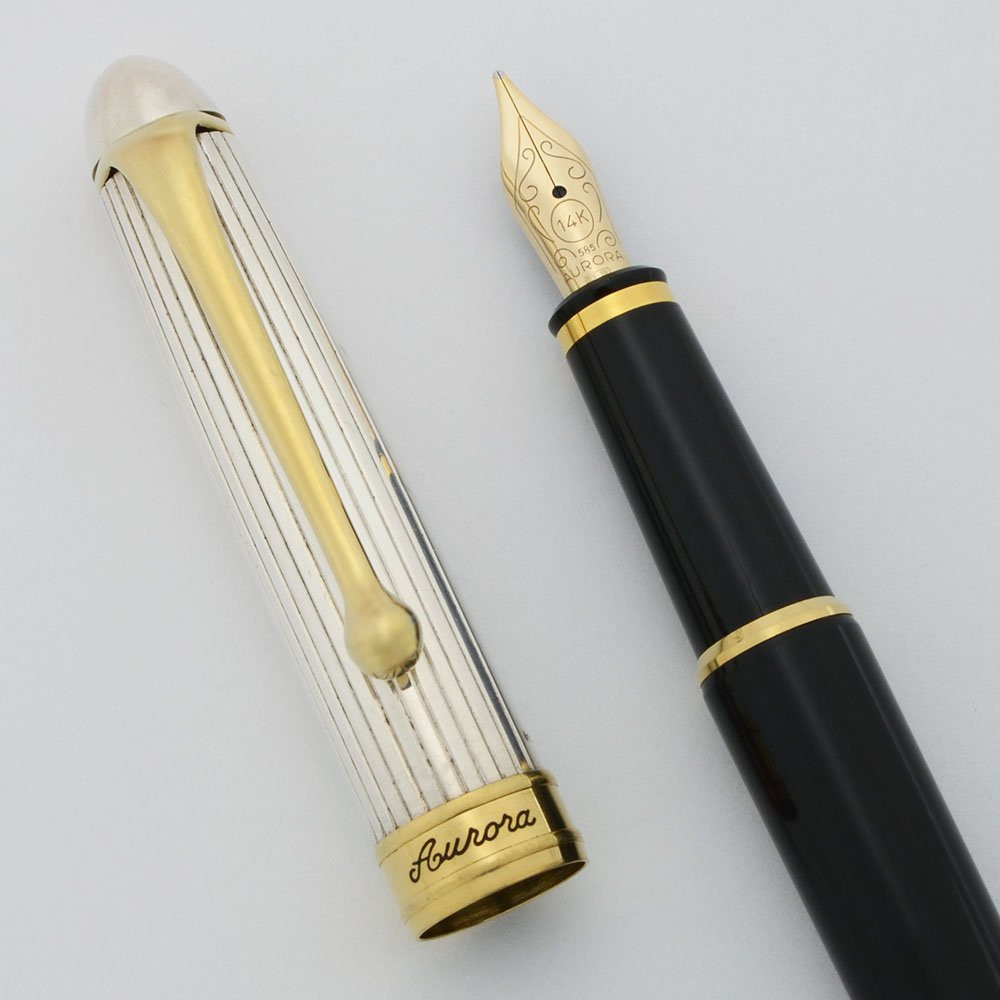 Aurora 88 Fountain Pen Black, Sterling Cap, C/C, Small Size, 14k