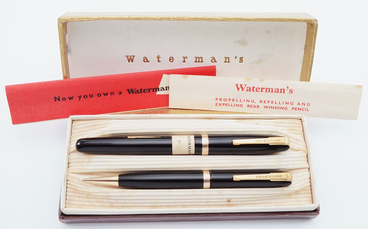 Waterman W3 Fountain Pen and Pencil Set - England, Black, Flexible Medium-Fine Italic Nib (Superior in Box, Restored)