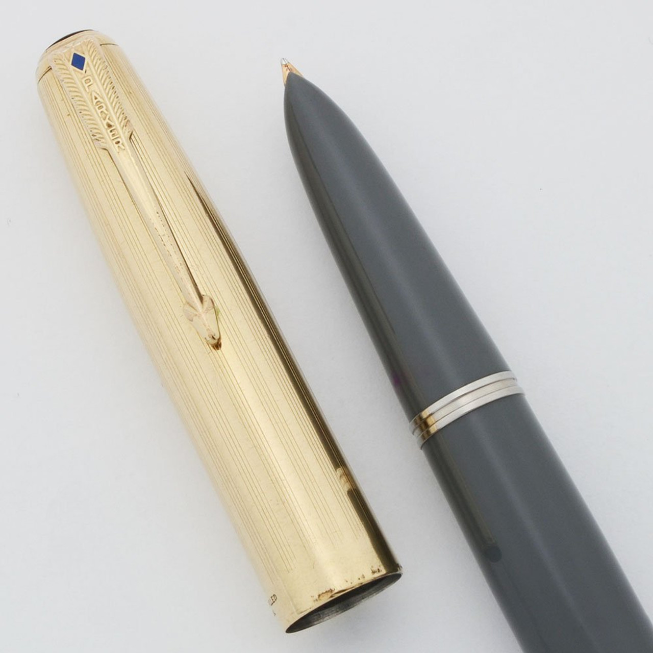 Parker 51 Vacumatic Demi (1947) - Dove Grey, Gold Filled Custom Cap,  Medium (Excellent, Restored) - Peyton Street Pens