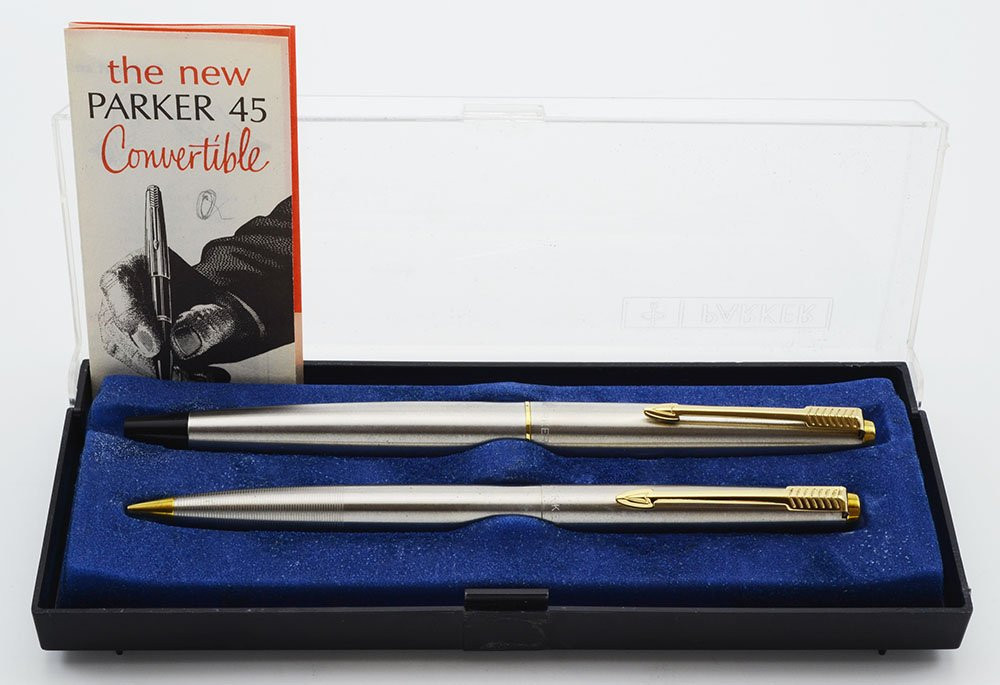 Parker 45 Fountain Pen and Pencil Set - Flighter, Gold Trim, Fine 14k Nib (Excellent, In Original Box with Paperwork))