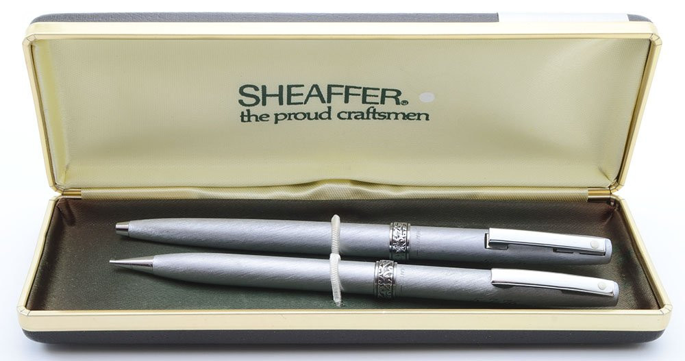 Lady Sheaffer 620 Ballpoint Pen & Pencil Set - 1970s,  Brushed Chrome, Ornate Band (Excellent +, in Original Box))