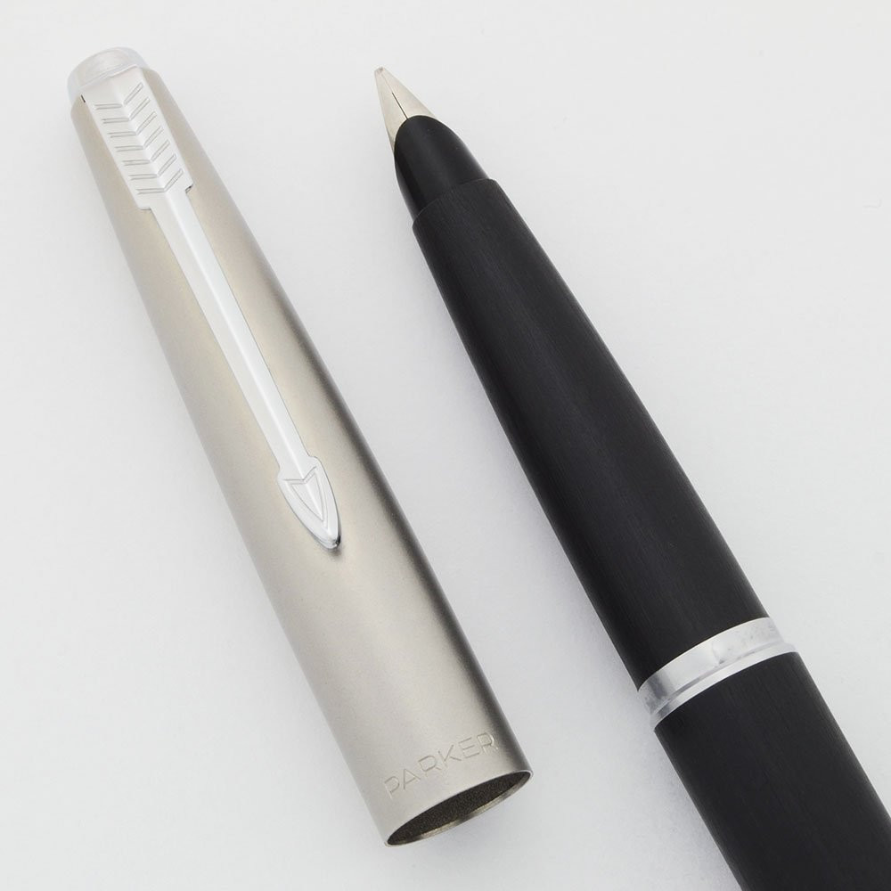 Parker 45 Classic Fountain Pen (UK) - Unusual Matte Black Body, Satin Cap w Chrome Trim, "D" Steel Nib (Near Mint, Works Well)