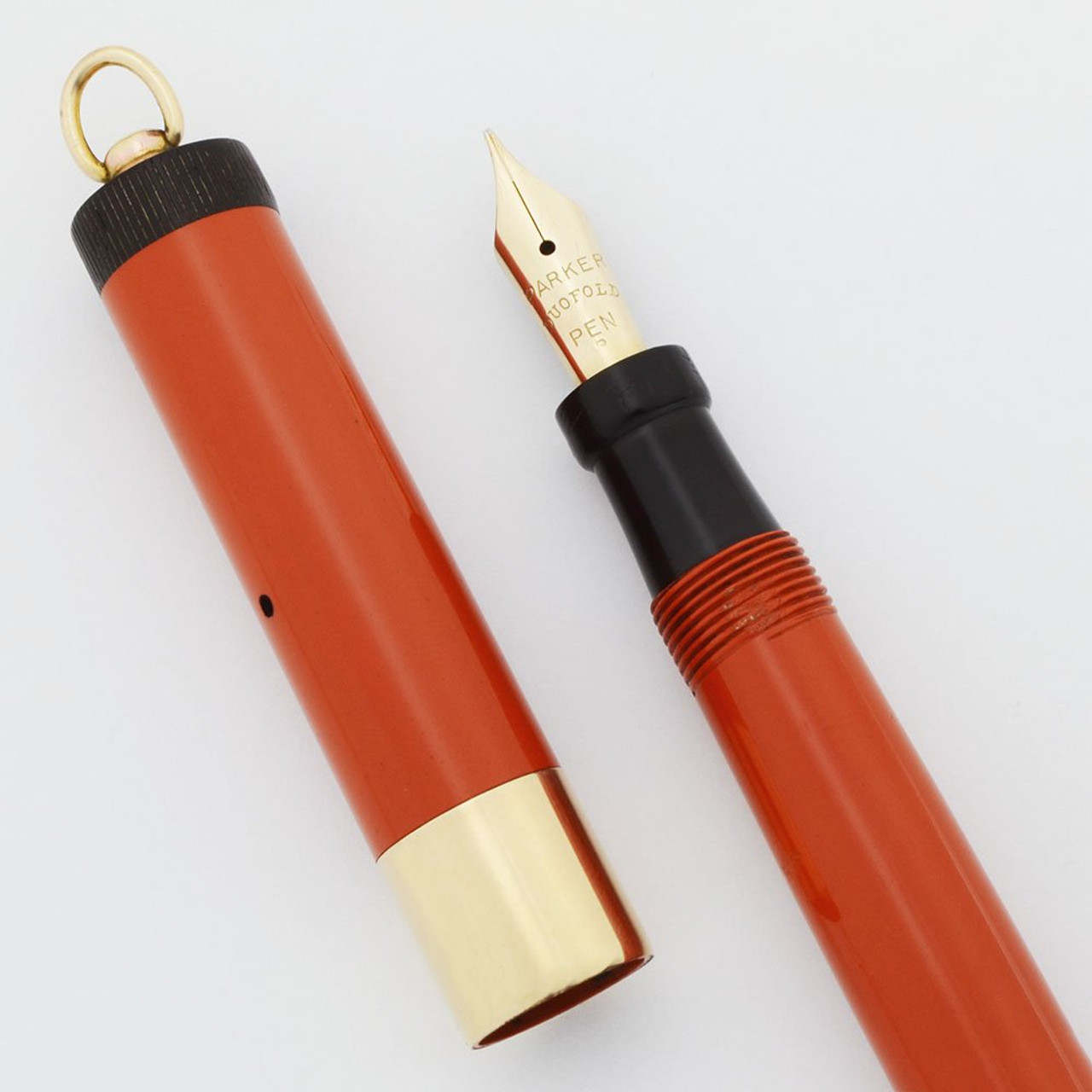 Parker Lady Duofold Deluxe Fountain Pen - Red, GF Wide Band, Ring Top, Fine Nib (Excellent, Restored)