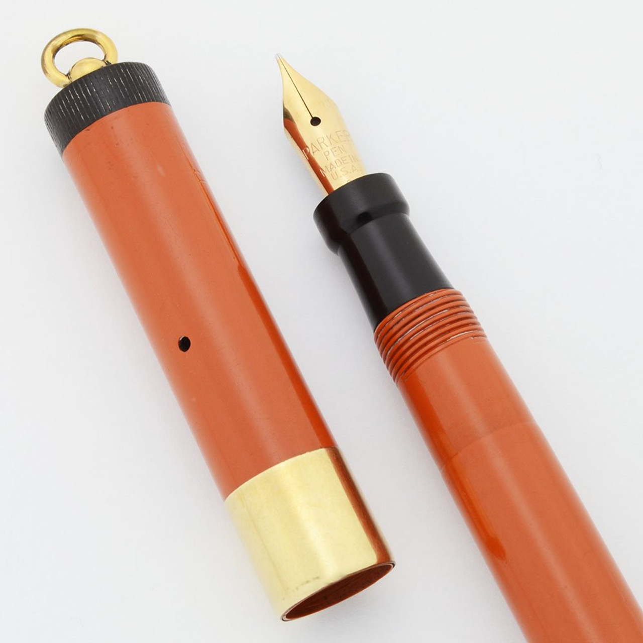 Parker Lady Duofold Deluxe Fountain Pen - Red, GF Wide Band, Ring Top, Medium Nib (Excellent, Restored)