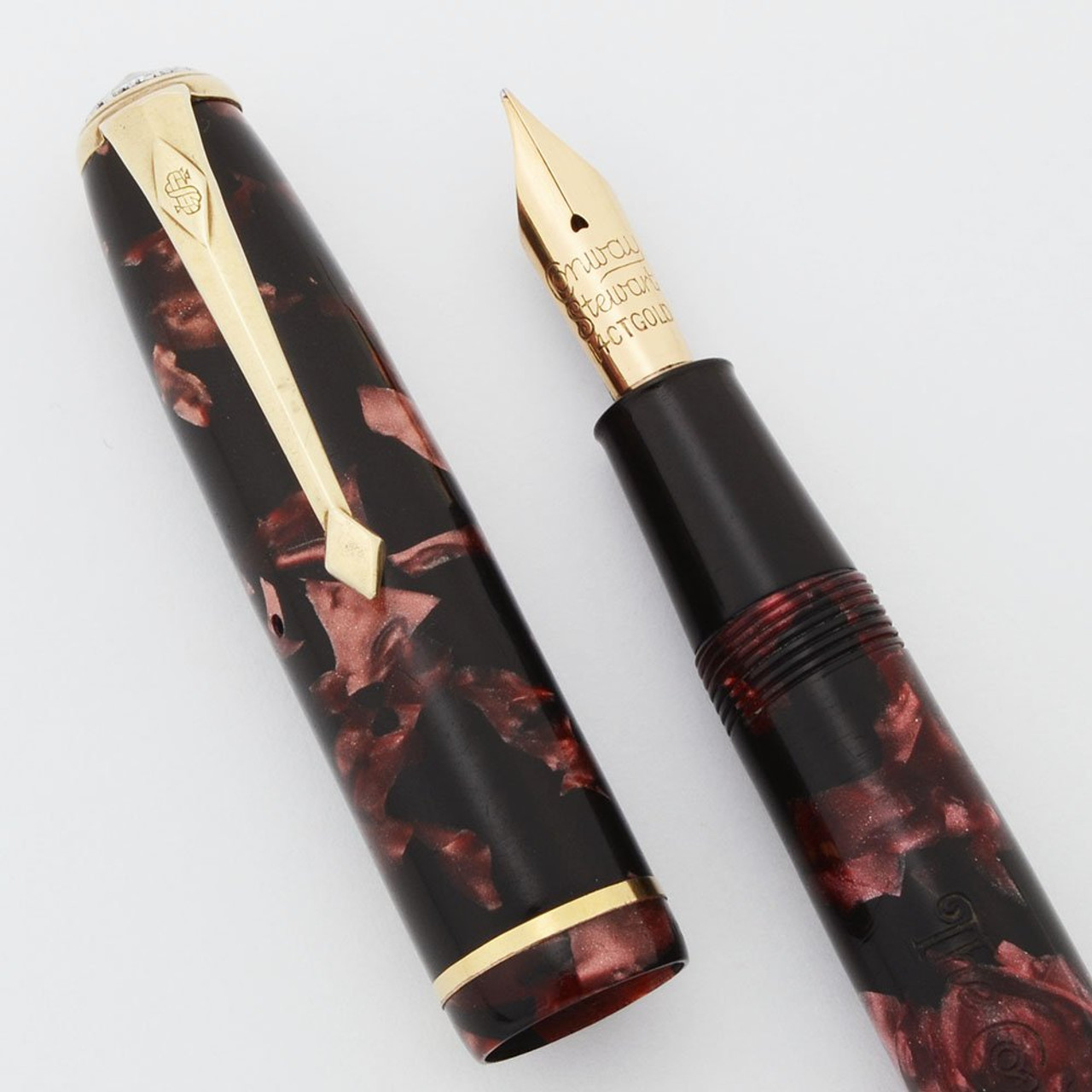 Conway Stewart 28 Fountain Pen (1950s) - Marbled Burgundy/Black, Flexible Fine 14k Nib (Excellent, Restored)