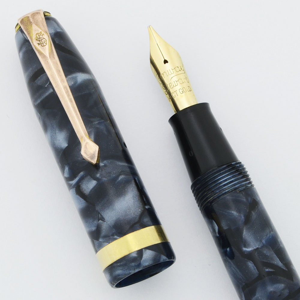 Conway Stewart 84 Fountain Pen - Marbled Blue, Flexible Italic Medium 14k Nib (Excellent, Restored)