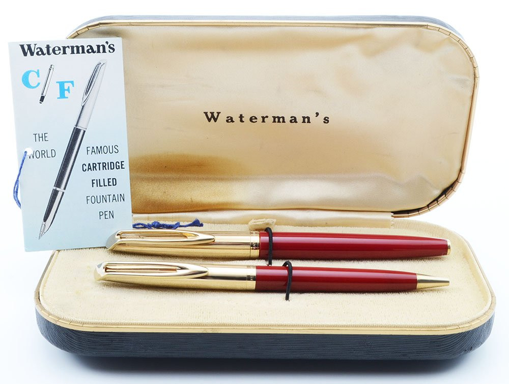 Waterman CF Fountain Pen Set - 1950s, Red w Gold Plated Caps, 14k