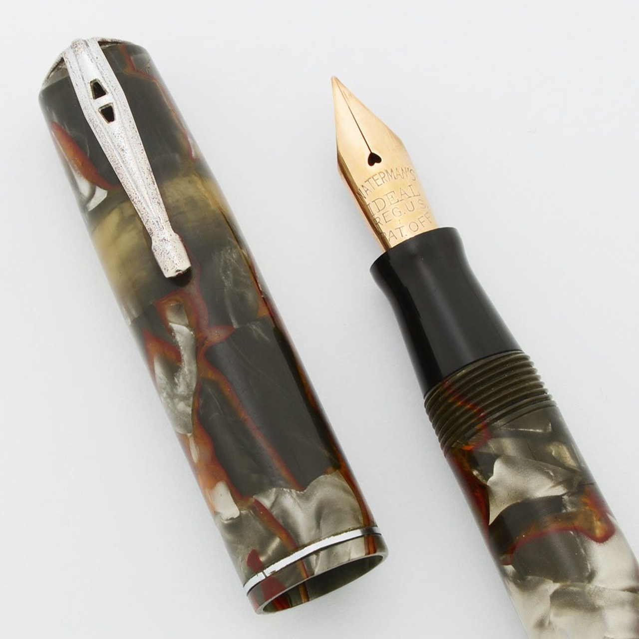 Waterman 3V Fountain Pen (1930s) - Gray & Brown w Nickel Trim, Fine Flexible Waterman's Ideal  Nib (Very Nice, Restored)