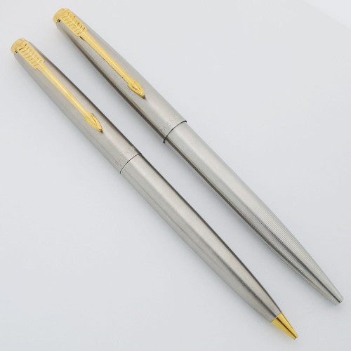 Parker 45 Flighter Deluxe Ballpoint Pen and Pencil Set - Brushed Steel, GP Trim (Very Nice, Works Well)
