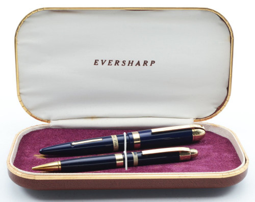 Eversharp Skyline Demi J76 Fountain Pen Set - Blue w Gold Derby & Wide Band, 14k Fine Manifold Nib (New Old Stock in Box, Restored)