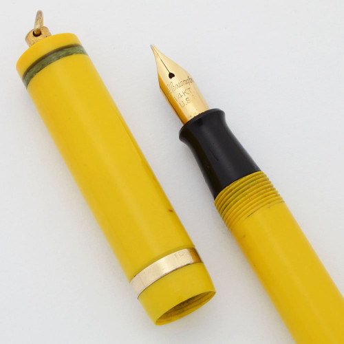 Diamond Medal Ring Top Fountain Pen (1920s) - Yellow with Green Marble Bands, Alexander Medium 14k Nib (Excellent, Restored)