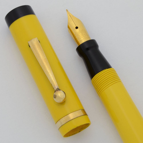 Grieshaber #4 Junior Size Fountain Pen (1930s) - Yellow with Black Ends, Lever Filler, Fine Steel nib (Excellent, Works Well)