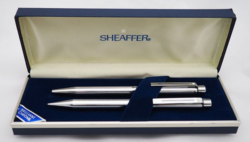 Sheaffer Targa 1000 BP MP Set - Mirror Chrome, Lined Pattern, CP Trim (New Old Stock, In Box)