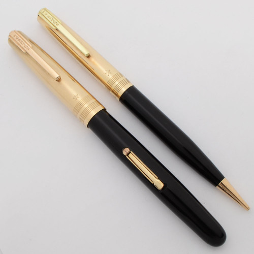 Waterman Gold Corinth Fountain Pen and Pencil Set  (1950s, Canada) - Black, Gold Plated Cap, 14k Taperite Nib (Excellent in Box, Restored)