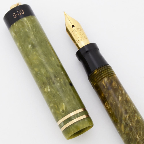 Sheaffer Flat Top 5-30 Fountain Pen (1920s/30s) - Green w Black Ends, Ring Top, Fine 5-30 Nib (Excellent, Restored)