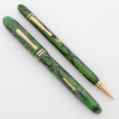 Conklin Endura Symetrik Fountain Pen Pencil Set (1930s) - Jade Green with Black Veins,  Lever Filler, Fine Semi-Flex Nib (Excellent, Restored)