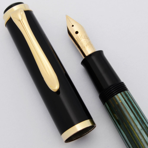 Pelikan 400 Fountain Pen (1950-56) - Green Striped, 14k Fine DF Nib (Excellent +, Works Well)