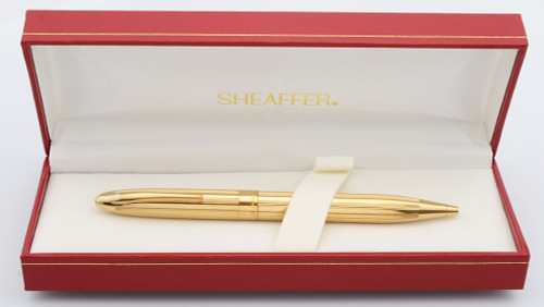 Sheaffer Crest (Reissue) #590 Ballpoint (1980s/90s) - Gold Electroplate in Lined Pattern  (Excellent, In Box, Works Well)