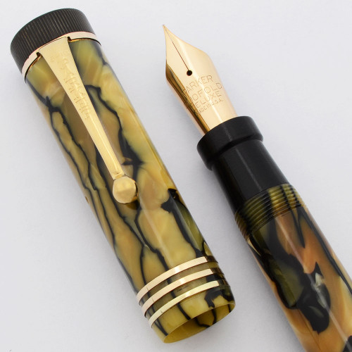 Parker Senior Duofold Deluxe Fountain Pen (1939) - Black & Pearl, Three Bands, Button Filler, Fine  (Excellent +, Restored)