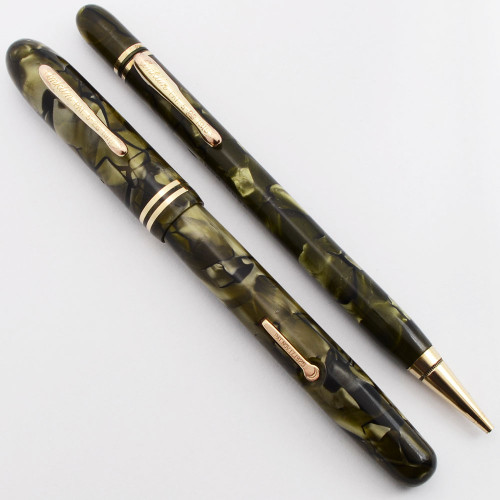 Conklin Symetrik Fountain Pen & Pencil Set - Green Marble, Fine Nib (Excellent, Restored)