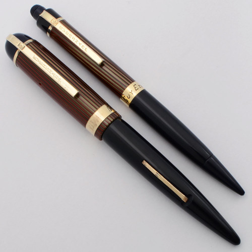 Eversharp Skyline Demi Fountain Pen Set (1940s) - Dark Blue w/Striped Cap & GT, Lever Filler, Medium-Broad Nib (Excellent, Restored)