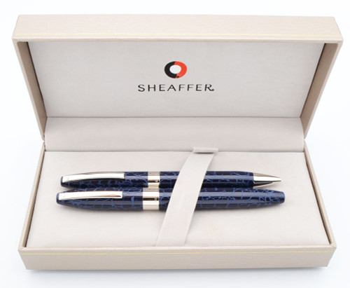 Sheaffer Legacy Heritage Fountain Pen & Ballpoint Set - Blue Leather Lacquer, CT Trim, 18k Fine Nib (Near Mint in Box, Work Well)