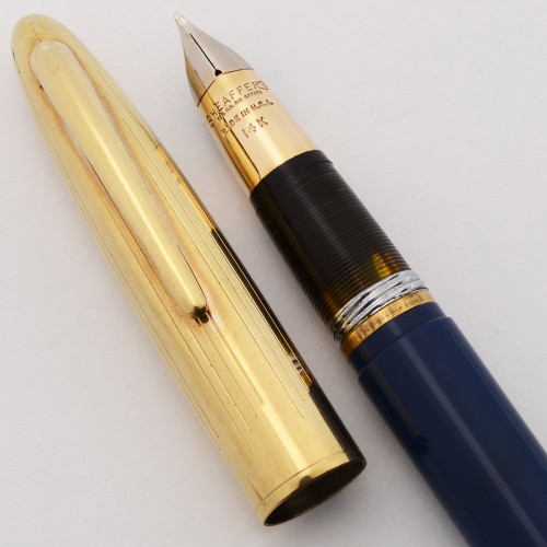Sheaffer Crest Deluxe Fountain Pen (1949-50) -  Blue w/Lined Gold Cap, Touchdown, Medium Triumph Nib (Excellent, Restored)