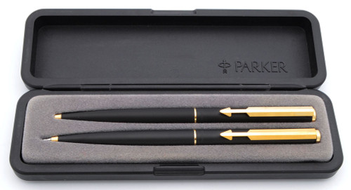 Parker Arrow Ballpoint Pen and Mechanical Pencil Set  (1980s) - Matte Black w/Gold Trim, 0.5mm Leads (Excellent +, In Box)