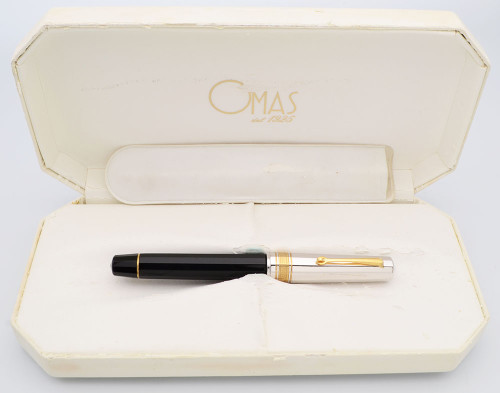 Omas  Paragon "Precious Facets"  Sterling Fountain Pen - Black Resin w Sterling Cap & GT, Piston Fill, 18k Medium (Near Mint in Box, Some Cosmetic Damage, Works Well)