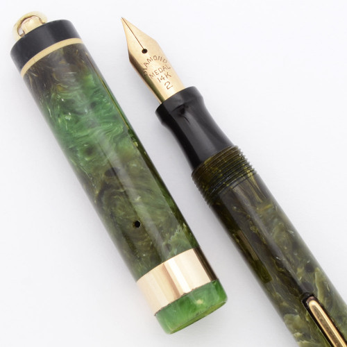 Diamond Medal Ring Top Fountain Pen  (1920s) - Green Marble w/ White Bands, Lever Filler, Fine 14k #2 Nib (Very Nice, Restored)