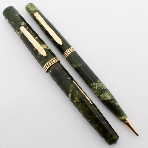 Wahl Doric Gold Seal Fountain Pen Pencil Set - Full Size, Green Pearl, Adjustable Nib (Excellent, Restored)