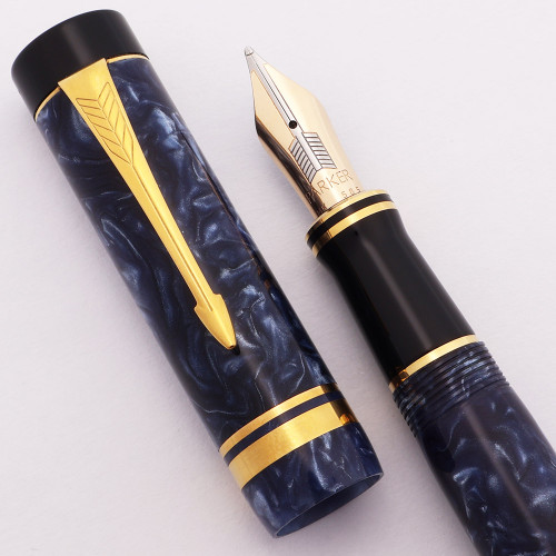 Parker Duofold Centennial MK-I Fountain Pen (First Year, UK, 1987) - Blue Marble w/GT, Broad 14k Nib (Excellent, Works Well)