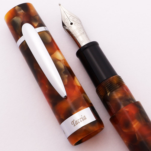 Taccia Continental Fountain Pen (2010s) -  Red-Orange Marble w/Chrome Trim,  C/C, Medium Steel Nib (Near Mint, Works Well)