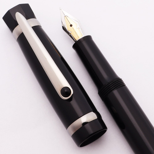 Levenger (Stipula) Verona Fountain Pen (2000s) - Black w/Gunmetal Trim, C/C, Fine 14k Nib (Excellent, Works Well)